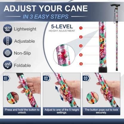 supregear Folding Cane, 5-Level Adjustable Height Walking Stick Lightweight Collapsible Portable Travel Cane with Wrist Strap and T Handle for Elderly Disabled Men Women - color: Dark Pink Floral