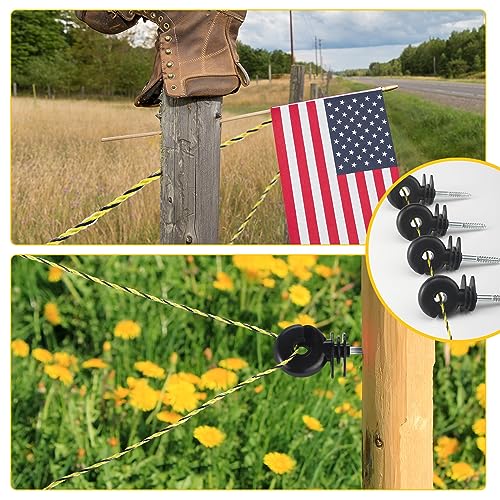 Kanayu 52 Pcs Electric Fence Kit Include 3366 ft Poly Wire 25 Black Fence Ring Insulators 25 Yellow T Post Insulators Socket Tool for Pet Animal Horse Cattle Livestock Pasture - size: 3366 ft