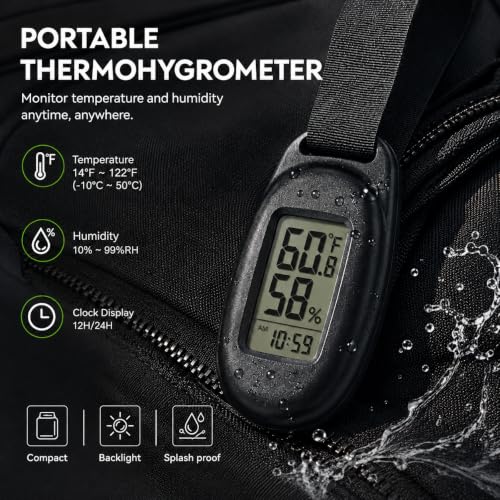 Portable Digital Thermometer Hygrometer, Mini Indoor Outdoor Temperature Humidity Monitor with Clock, Backlight & IPX4 Splash Proof, Compact Travel Thermometer for Backpack, Greenhouse, Camping
