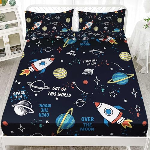 Space Ship Galaxy Sheets Set 4Pcs for Kids,Astronaut Space Rocket Printed Sheet Set with 1 Flat Sheet and 1 Fitted Sheet + 2 Pillowcases(Space-2 Full) - color: Space-2, size: Full 81x97 inches