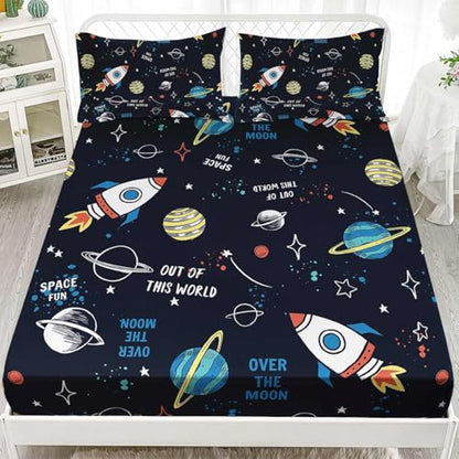 Space Ship Galaxy Sheets Set 4Pcs for Kids,Astronaut Space Rocket Printed Sheet Set with 1 Flat Sheet and 1 Fitted Sheet + 2 Pillowcases(Space-2 Queen) - color: Space-2, size: Queen 91x102 inches