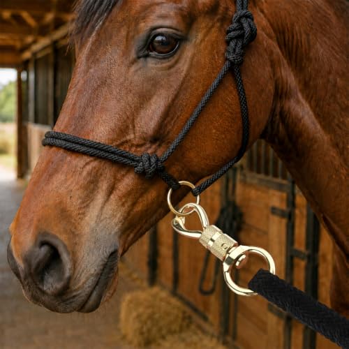 14 Feet Lead Ropes for Horses, Heavy Duty Horse Training Lead with Leather Popper End and Brass Swivel Snap, Soft Comfort Grip, Daily Horse Tack, 13/20" Diameter, Black