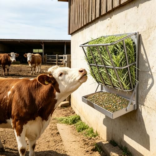 2 in 1 Wall Mount Hay and Grain Feeder, 25 Gallons Livestock Feeder - color: Silver
