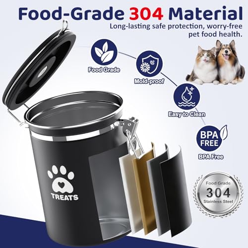 ENONCI Airtight Dog Treat Canister, 304 Stainless Steel Food Storage Jar with Date Dial Black-1.8L - color: Black, size: 1.8l