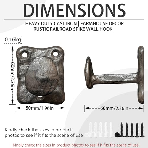 Heavy Duty Cast Iron Railroad Spike Wall Coat Hooks 2Pcs Rustic Farmhouse Hooks for Hanging Towels Hats Bags & Keys | Industrial Decorative Hooks for Entryway Bathroom Bedroom