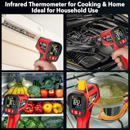 Infrared Thermometer Gun, Digital Laser Temperature Gun with Probe, -40°F~1472°F Non-Contact IR Thermometer with Adjustable Emissivity for Cooking, Pizza Oven, Griddle, Grill & Meat - color: Red, size: IR06 PRO -40℉~1472℉(-40℃~800℃)