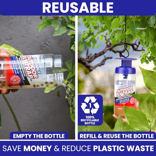 2 Reusable Outdoor Fly Trap with Chains with 10 Non-Toxic Dissolvable Bait Refills
