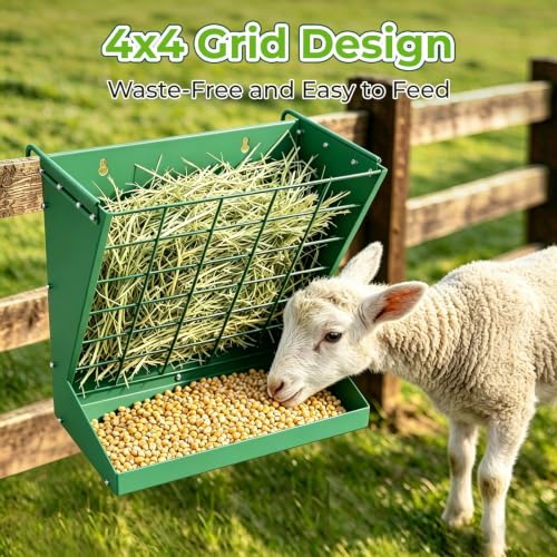 2 in 1 Wall Mount Hay and Grain Feeder, 25 Gallons Livestock Feeder | Galvanized Steel Wall Hay Rack, Hanging Hay Feeder with Mounting Kit for Goats Sheep Horse, Slow Feeder for Goats with Trough