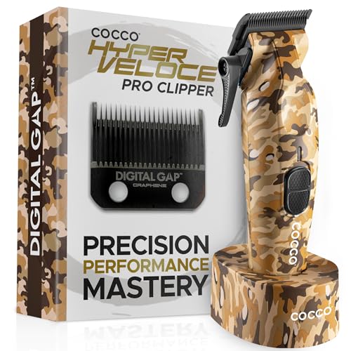 Cocco Hyper Veloce Pro High Performance Cordless Brushless Hair Clipper | Digital Gap Ambassador Graphene Taper Blade, for Professional Barbers, 7200 RPM BLDC Motor, All Metal, Charging Base - color: Camo