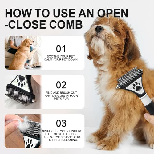 Penguin 2-in-1 Fine&Wide Tooth Pet Dematting Comb for Dogs&Cats | Stainless Steel Blade,Rubber Handle,Dog Dematting Rake,Undercoat Rake for Short&Long Haired Pet,Remove Loose Hair Tangles