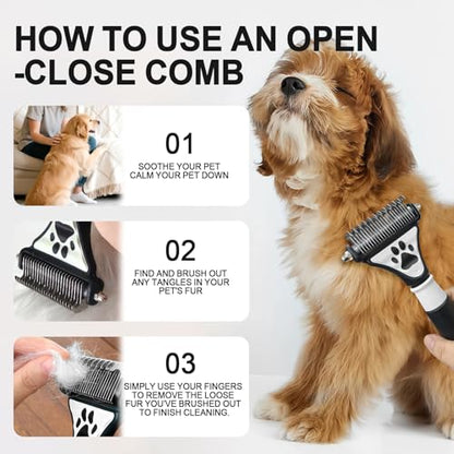 Penguin 2-in-1 Fine&Wide Tooth Pet Dematting Comb for Dogs&Cats | Stainless Steel Blade,Rubber Handle,Dog Dematting Rake,Undercoat Rake for Short&Long Haired Pet,Remove Loose Hair Tangles