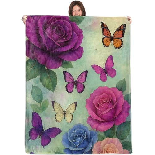 Colorful Rose and Butterfly Blanket,40x50in,Cozy Flannel Throw with Elegant Watercolor Floral Pink Purple Blue Tone Design,Soft Lightweight Gifts Blankets for Women,Sofa Bed Travel Decor - color: Rose and Butterfly, size: 50"x40"