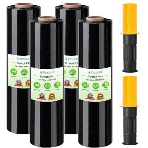 TICONN Stretch Wrap Roll, 15 in x 1000 ft Plastic Wrap for Moving Furniture | Odorless Industrial Strength Stretch Film, 300% Stretchability, Self-Adhering, Ideal for Furniture, Box Protection - style: 15''-4PK Black