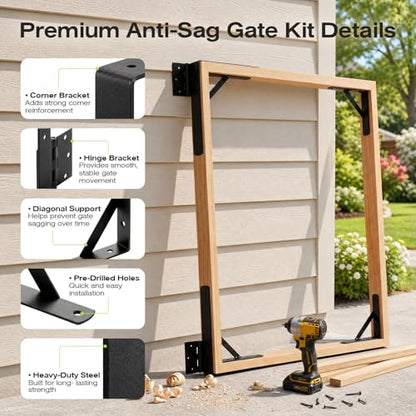 YQE Anti Sag Gate Kit for Wooden Fence, Heavy Duty Gate Hardware with Corner Brace Brackets, Welded Hinges and Self-Locking Gate Latch, Premium No Sag Fence Gate Kit - size: Single Door Set