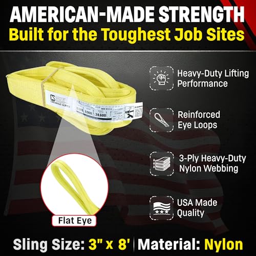3" x 8' Nylon Lifting Web Sling – USA Made, 12,300 lb Vertical, 9,900 lb Choker, 24,600 lb Basket – 3 Ply Heavy Duty 900 Webbing, Type 3 Flat Eye & Eye Rigging Sling (3" x8') - size: 3"x8'
