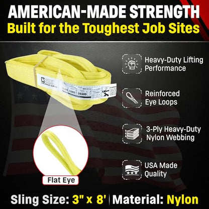 3" x 8' Nylon Lifting Web Sling – USA Made, 12,300 lb Vertical, 9,900 lb Choker, 24,600 lb Basket – 3 Ply Heavy Duty 900 Webbing, Type 3 Flat Eye & Eye Rigging Sling (3" x8') - size: 3"x8'