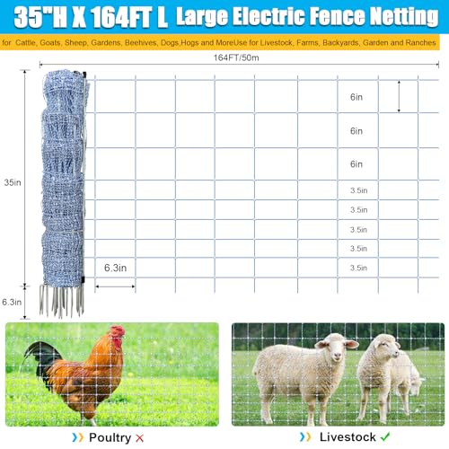 35"x164' Electric Fence Netting Solar Kit for Sheep Garden Backyards