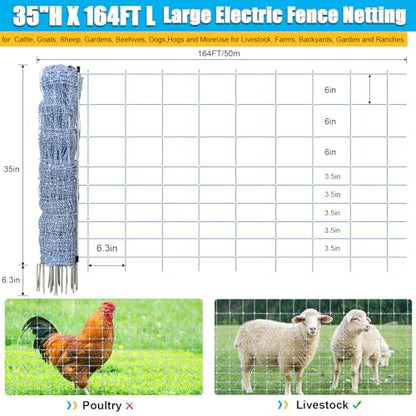 35"x164' Electric Fence Netting Solar Kit for Sheep Garden Backyards
