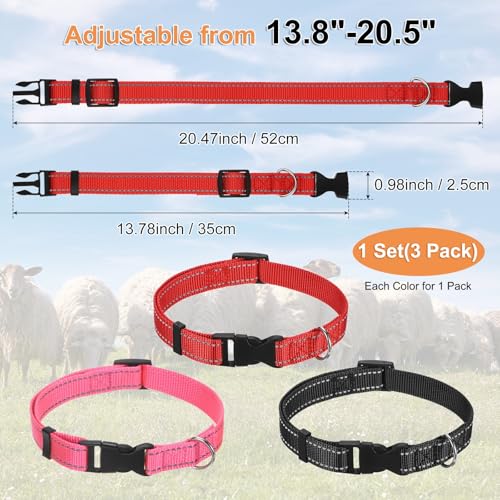 M METERXITY 3-Pack Reflective Goat Collars with Bells, 13.8"-20.5" Polyester Adjustable Pet Collar with Anti-Lost Grazing Copper Bell for Small Farm Animal/Sheep/Cow [Black, Rose Red, Red] - color: Black, Rose Red, Red