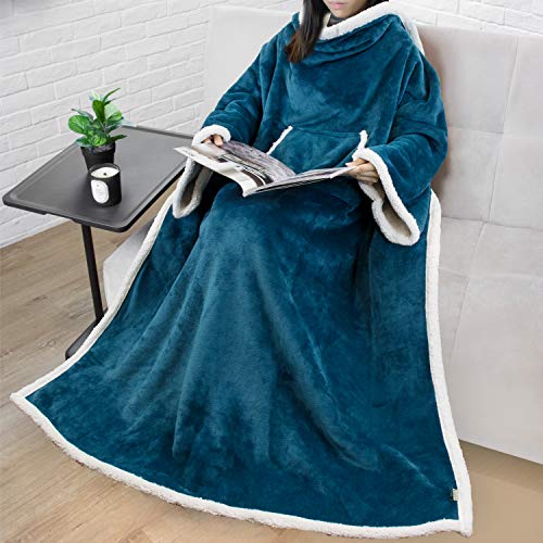 PAVILIA Sherpa Wearable Blanket with Sleeves and Pocket, Plush Thick Cozy Body Blanket Wrap for Adult Women Men, Christmas Gift for Wife Mom, Teal Blue - color: Sea Blue