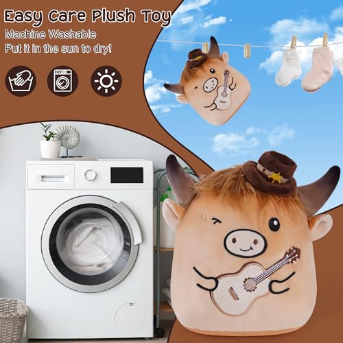 Highland Cow Stuffed Animal, 8 Inch Cute Country Cow Plush Toy with Guitar and Cowboy Hat, Soft Kawaii Plushie Pillow Gifts for Kids Boys Girls, Farm Animal Decor for Christmas Birthday Holiday - style: Country Cow