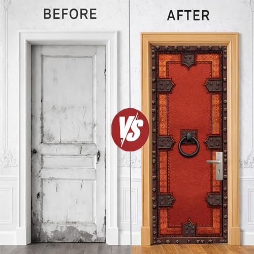 Medieval Red Door Mural, Rustic Iron Studded Door Cover - color: Colorful1669