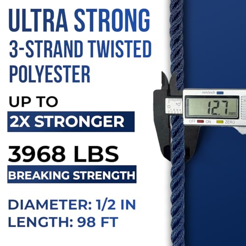 Heavy Duty Twisted PP/Polyester/Nylon Rope, Weather-Resistant & Waterproof Rope for Pool, Marine, Camping, Household Use, Construction & Rigging Applications (Navy, 1/2in X 98FT) - color: Navy, size: 1/2in X 98FT
