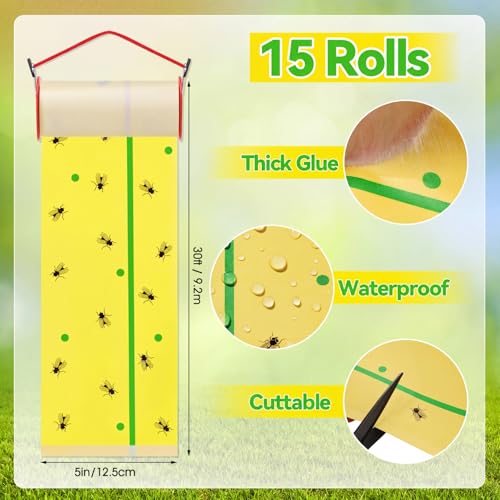 15 Rolls Sticky Fly Trap 30 ft Each, Fluorescent Yellow, Green Lines - color: Fluorescent Yellow with Green Lines