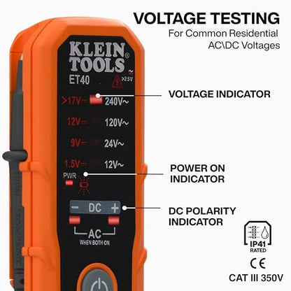 Klein Tools ET40 Digital AC/DC Voltage Tester, 12-240V AC, 1.5-24V DC, LED Illumination, DC Polarity, Auto Off, CAT III 250V-Class 2- Double Insulation, IP41 Dust and Water Resistant - size: 12/240 V Tester