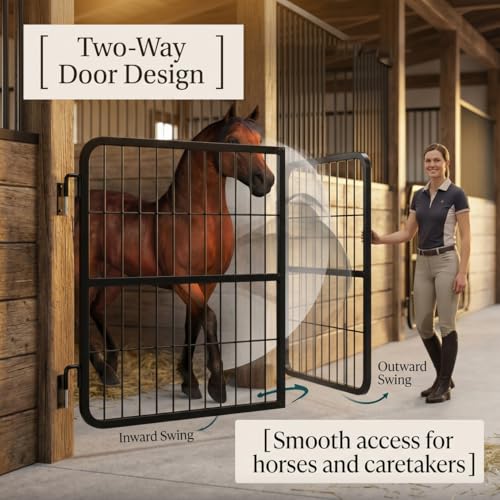 Durable 48"x24" Grid Horse Stall Gates, Two-Way Opening Matte Black Stall Guards for Horses, Robust Steel Stable Door for Show Stables & Barns, Easy Installation