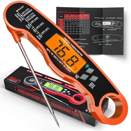 AWLKIM Meat Thermometer Digital, Instant Read Food Thermometer, Orange | Waterproof cooking thermometer with doneness chart, backlight, F/C switch for BBQ, candy, oil - color: Orange