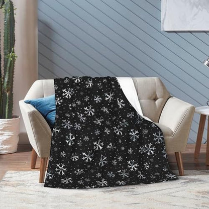 Winter Snowflakes Black Fleece Blanket Lightweight Ultra-Soft Christmas Throw Blanket for Sofa Couch Bed Camping Travel - Super Soft Cozy Microfiber Blanket 60"X50" - color: Winter Snowflakes(black), size: 60"x50"