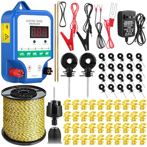 MorningRo 10 Mile Electric Fence Kit for Livestock, 3 Joule 12KV Fence Charger with LED Display, 3366 ft 9-Strand Polywire, 60 Insulators & Ground Rods, AC/DC Fencing System for Horse Cattle Pasture
