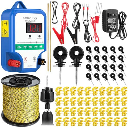 MorningRo 10 Mile Electric Fence Kit for Livestock, 3 Joule 12KV Fence Charger with LED Display, 3366 ft 9-Strand Polywire, 60 Insulators & Ground Rods, AC/DC Fencing System for Horse Cattle Pasture