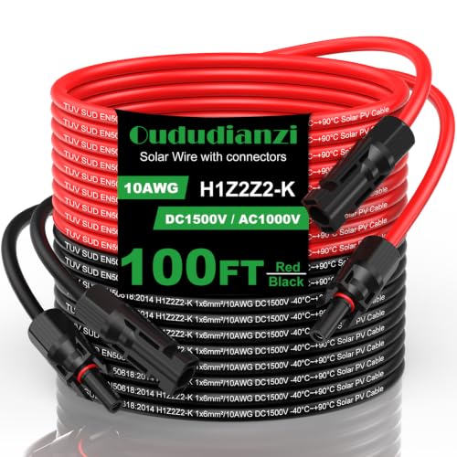 Oududianzi Solar Extension Cable 100Ft, Solar Wire 10AWG, Tinned Copper PV Cable 10Gauge, Solar Panel Wires and connectors for Home RV Boat Camping Off-Grid Solar System, Set of 2 - size: 100FT-10AWG