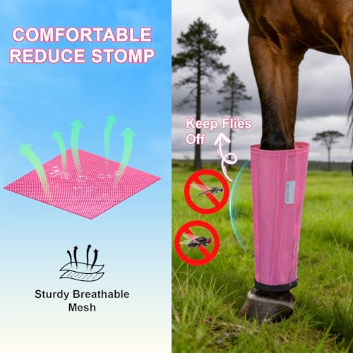 Fly Boots for Horses Set of 4, Loose Fitting Mesh Horse Fly Boots Leggings, Reduce-Stomping Adjustable Equine Leg Wraps & Socks, Stay Up Not Sag, No Rub (Pink) - color: Pink