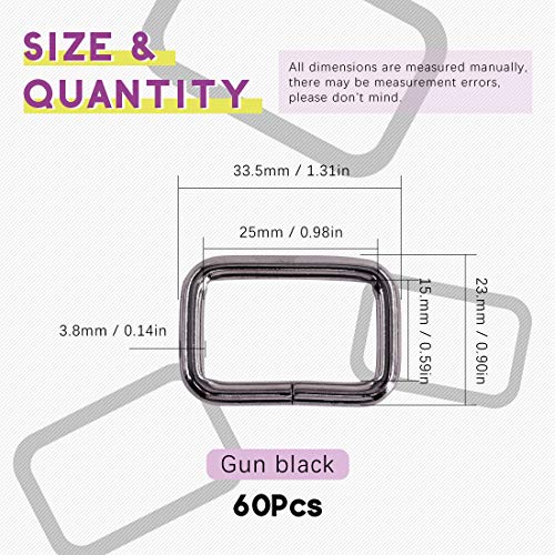 Swpeet 60Pcs 1 Inch / 25mm Heavy Duty Metal Ring Buckle Webbing Belts - color: Gun-black, style: Metal Rectangle Ring