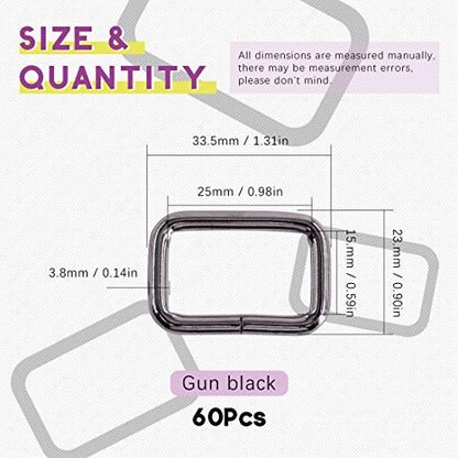 Swpeet 60Pcs 1 Inch / 25mm Heavy Duty Metal Ring Buckle Webbing Belts - color: Gun-black, style: Metal Rectangle Ring
