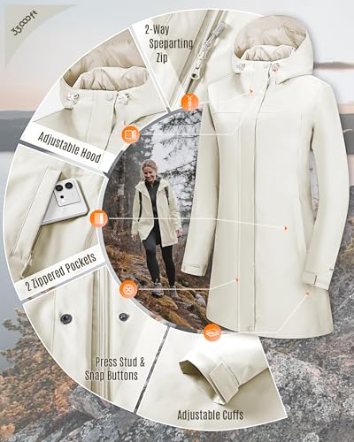 33,000ft Women's Waterproof Rain Jackets Long Rain Coats with Hood - color: Beige, size: Medium