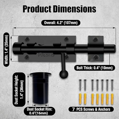 1-Pack 4" Barrel Bolt Latch Black,Stainless Steel Heavy Duty Gate Latches - color: Black-4.0inch