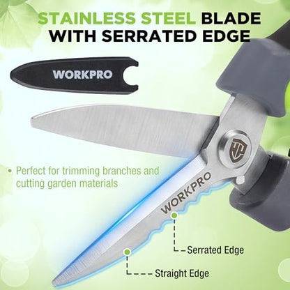 WORKPRO 8" Pruning Shears for Gardening, Multipurpose Garden Shears | Stainless Steel Blade with Sheath, Straight Pruning Scissors Garden Snips for Flowers, Fruits & Vegetables