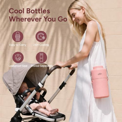 Portable Breast Milk Cooler 22oz Large Capacity with 2-Bottle for Outdoor - color: Pink