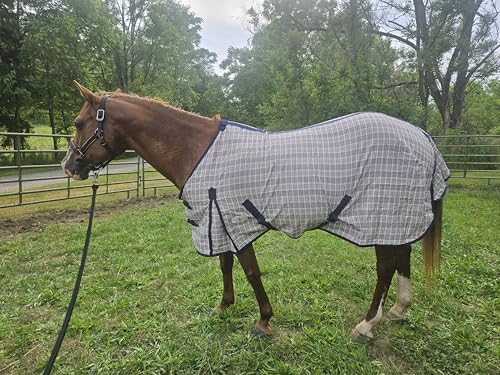 Navy Beige Plaid Horse Stable Sheet with Front Gussets, Lightweight Polyester Sheet for Horses, Travel, Stable & Show Use (Navy Beige Plaid, 76") - size: 76"