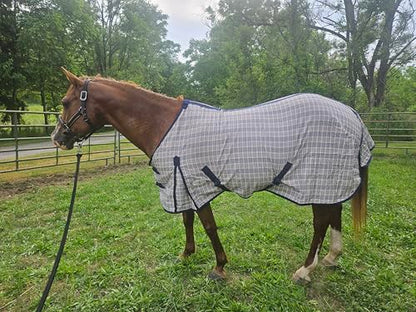 Navy Beige Plaid Horse Stable Sheet with Front Gussets, Lightweight Polyester Sheet for Horses, Travel, Stable & Show Use (Navy Beige Plaid, 76") - size: 76"