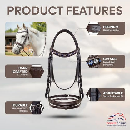 Equine Care English Horse Bridle with Reins, Padded, 6 Browband Styles | Hunter show bridles: classic fancy stitched or crystal browbands; padded crown, harness leather; bit not included - color: Havana Brown with Blue & Clear