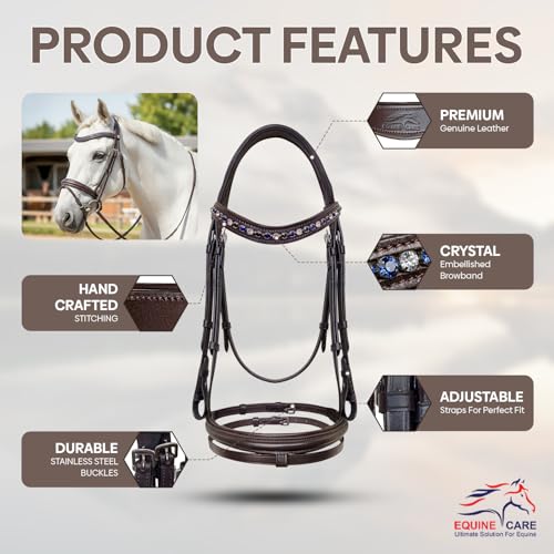 Equine Care English Horse Bridle with Reins, Padded, 6 Browband Styles - color: Havana Brown with Blue & Clear