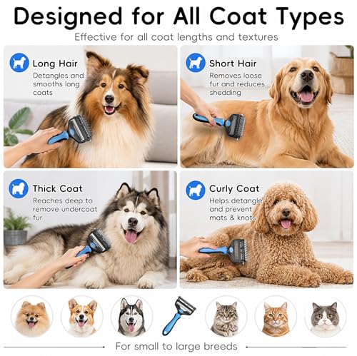 3-in-1 Professional Pet Grooming Brush for Dogs & Cats – Dematting Comb, Undercoat Rake & Deshedding Tool for Long & Short Hair, Heavy Shedding & Matted Fur (Blue)
