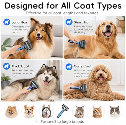 3-in-1 Professional Pet Grooming Brush for Dogs & Cats – Dematting Comb, Undercoat Rake & Deshedding Tool for Long & Short Hair, Heavy Shedding & Matted Fur (Blue)