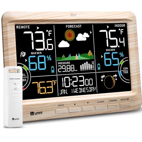 Weather Station Indoor Outdoor Thermometer Wireless Atomic Clock Wood | Home Atomic Clock Large Constant Display, Inside Outside Temperature Humidity Monitor, Dew Heat Point, Barometer - color: Multi