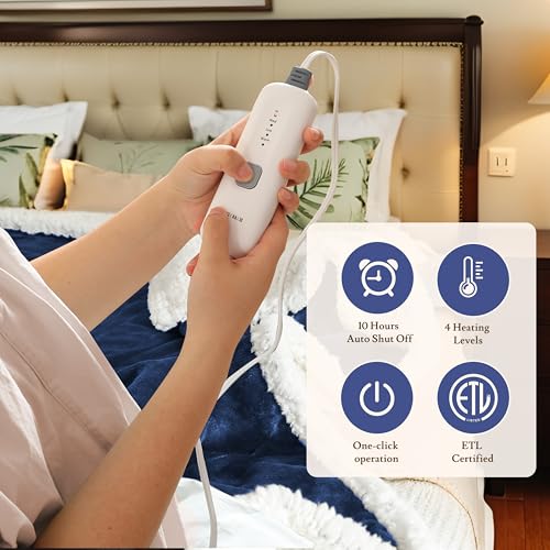 Electric Heated Blanket 62"×84" Twin Size, Smooth & Cotton Plush for Bed, Living Room, Sofa, 4 Heating Levels & 10H Auto-Off, Machine Washable, Quick Heating, Full Body Warmth- Dark Blue - color: 06-dark Blue, size: Twin Size (62"x84")